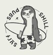 Surf sand chill. Sloth character with a surfboard vintage typography summer sports t-shirt print.