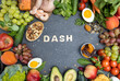 Balanced set of nutrition for DASH diet to stop hypertension . Assortment of healthy food ingredients.