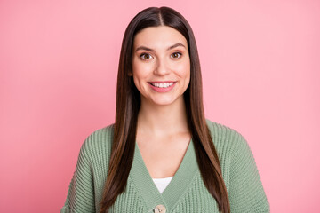 Sticker - Photo of pretty optimistic girl wear sweater isolated on pink color background