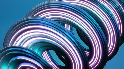 Wall Mural - 3d render of abstract neon shiny swirls on blue background. Digital illustration for wallpapers, posters and covers. Futuristic design.