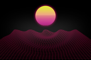 Wall Mural - 1980's inspired retro cyberpunk neon light grid in pink and violet tones as a background template for a computer porter