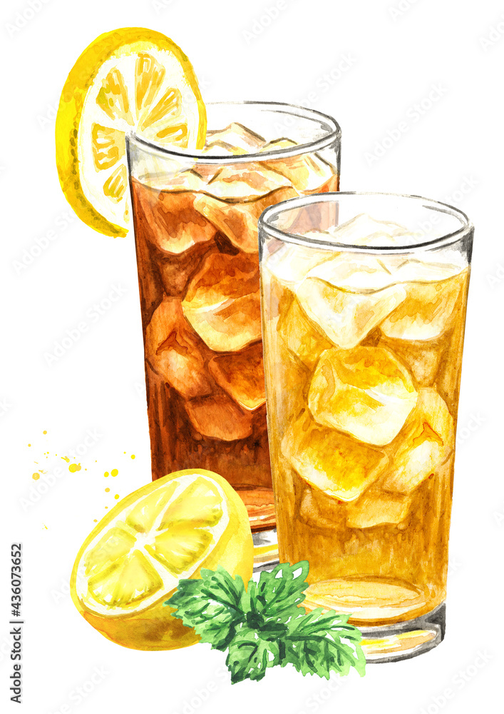 Glasses of ice tea with lemon and mint. Watercolor hand drawn illustration isolated on white background - obrazy, fototapety, plakaty 