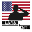 American memorial day sign. Remember and honor text, usa flag and saluting figure. Vector illustration.