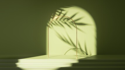3d render, abstract green background. Empty stage with steps, leaves shadows and bright sunlight. Minimal scene with golden round arch, showcase for product presentation