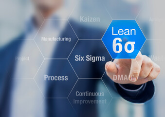 Businessman touching lean six sigma button for improved manufacturing