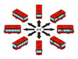 Rotation of the bus by 45 degrees. Red bus in different angles in isometric.