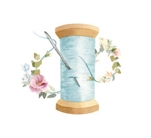 Watercolor Spool Of Thread With A Needle Decorated With Flowers. Soft Pastel Colors.