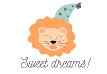 Cute Childish Illustration With Text Pretty Lion Vector Clip Art On White Background For Invitations, Posters, Etc