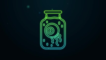 Sticker - Glowing neon line Eye in a jar icon isolated on black background. Happy Halloween party. 4K Video motion graphic animation