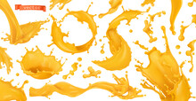Orange Paint Splash. Mango, Pineapple, Papaya Juice. 3d Realistic Vector Set Of Design Elements