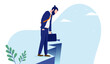 Businessman facing adversity - Man standing on edge of cliff looking down. Business danger and crisis concept. Vector illustration with white background.