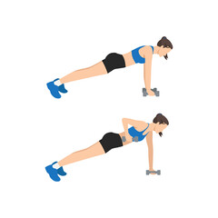 Wall Mural - Woman doing Plank and Row or Renegade row exercise. Flat vector illustration isolated on white background