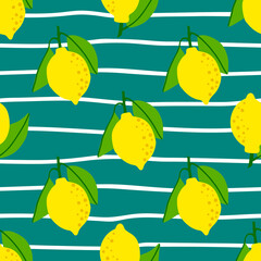Wall Mural - Lemon pattern seamless in bright colors. Repeat stripes background with fruit vector pattern. Citrus fruit drawing. Great as wallpaper, fabric pattern or textile design.