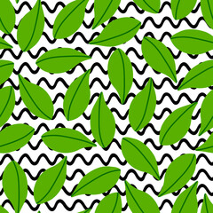Wall Mural - Leaf pattern seamless in bright colors. Repeat vector wavy background with leaves. Greenery drawing. Great as wallpaper, fabric pattern or textile design.