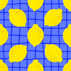 Wall Mural - Lemon pattern seamless in bright colors. Repeat yellow blue plaid background with fruit vector pattern. Citrus fruit drawing. Great as wallpaper, fabric pattern or textile design.