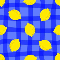 Wall Mural - Lemon pattern seamless in bright colors. Repeat yellow blue plaid background with fruit vector pattern. Citrus fruit drawing. Great as wallpaper, fabric pattern or textile design.