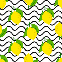 Wall Mural - Lemon pattern seamless in bright colors. Repeat background with fruit vector pattern. Citrus fruit drawing. Great as wallpaper, fabric pattern or textile design.