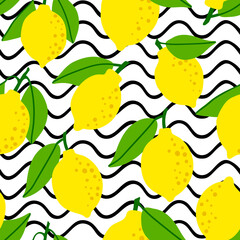 Wall Mural - Lemon pattern seamless in bright colors. Repeat background with fruit vector pattern. Citrus fruit drawing. Great as wallpaper, fabric pattern or textile design.