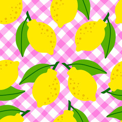 Wall Mural - Lemon pattern seamless in bright colors. Repeat pink diagonal plaid background with fruit vector pattern. Citrus fruit drawing. Great as wallpaper, fabric pattern or textile design.