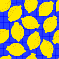 Wall Mural - Lemon pattern seamless in bright colors. Repeat blue plaid background with fruit vector pattern. Citrus fruit drawing. Great as wallpaper, fabric pattern or textile design.