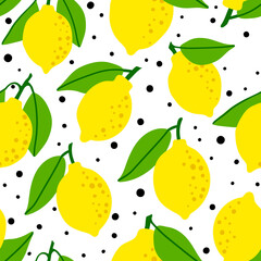 Wall Mural - Lemon pattern seamless in bright colors. Repeat dotted background with fruit vector pattern. Citrus fruit drawing. Great as wallpaper, fabric pattern or textile design.