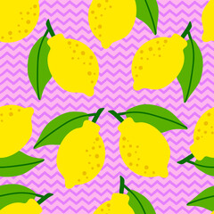 lemon pattern seamless in bright colors. repeat purple zigzag background with fruit vector pattern. 