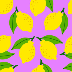 Wall Mural - Lemon pattern seamless in bright colors. Repeat purple background with fruit vector pattern. Citrus fruit drawing. Great as wallpaper, fabric pattern or textile design.