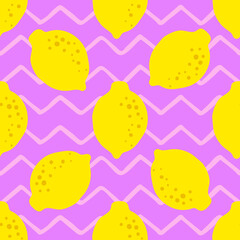 Wall Mural - Lemon pattern seamless in bright colors. Repeat purple zigzag background with fruit vector pattern. Citrus fruit drawing. Great as wallpaper, fabric pattern or textile design.
