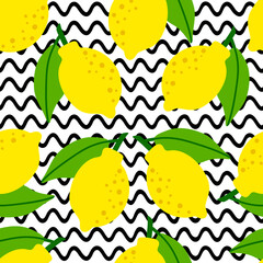 Wall Mural - Lemon pattern seamless in bright colors. Repeat background with fruit vector pattern. Citrus fruit drawing. Great as wallpaper, fabric pattern or textile design.
