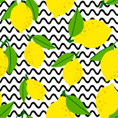 Wall Mural - Lemon pattern seamless in bright colors. Repeat background with fruit vector pattern. Citrus fruit drawing. Great as wallpaper, fabric pattern or textile design.