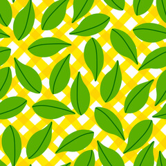 Wall Mural - Leaves pattern seamless in bright colors. Repeat yellow plaid background with fruit vector pattern. Citrus fruit drawing. Great as wallpaper, fabric pattern or textile design.