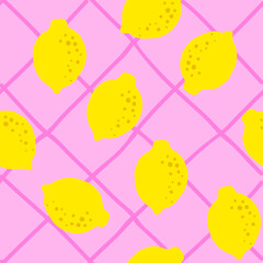 Wall Mural - Lemon pattern seamless in bright colors. Repeat background with fruit vector pattern. Citrus fruit drawing. Great as wallpaper, fabric pattern or textile design.