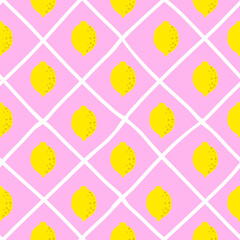 Wall Mural - Lemon pattern seamless in bright colors. Repeat background with fruit vector pattern. Citrus fruit drawing. Great as wallpaper, fabric pattern or textile design.