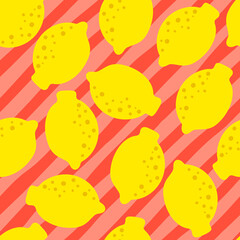 Wall Mural - Lemon yellow pink pattern seamless in bright colors. Repeat diagonal stripes background with fruit vector pattern. Citrus fruit drawing. Great as wallpaper, fabric pattern or textile design.