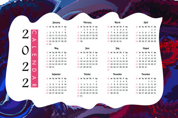 Year 2022 calendar horizontal vector design template, simple and clean design. Calendar for 2022 on White Background for organization and business. Week Starts Monday.
