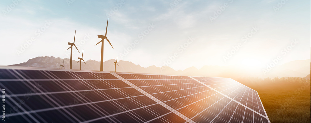 solar panels and wind power turbines in a sunset - obrazy, fototapety, plakaty 