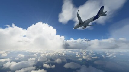 Wall Mural - commercial plane flying through clouds over terrain with the sun shining in the sky. cargo airplane 