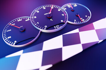 3D illustration new car interior details. Speedometer shows 142 km h , tachometer  with  white backlight . Сlose up black car panel, digital bright speedometer in sport style.