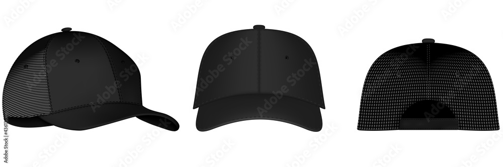 Design template, vector realistic white baseball cap front, back and side view isolated on background. Realistic back front and side view. Vector baseball cap front and side view. - obrazy, fototapety, plakaty 