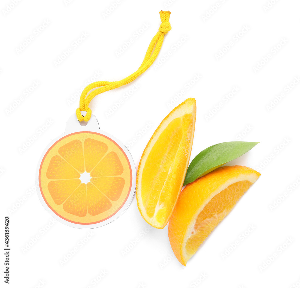 Citrus car air freshener on white background