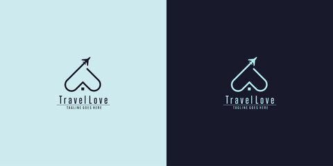 abstract blue and white love symbol linear style with airplane on dark background , usable logo concept for Business, travel agency, tourism logos.Flat Vector Logo Design Template Element.