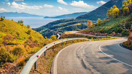 Wall Mural - typical albanian view of adriatic shore with empty asphalt road. picturesque summer day in albania, 