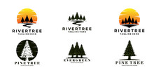 Set Of Evergreen Pine Tree Logo Vintage With River Creek Vector Emblem Illustration Design