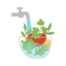 Clean Vegetables For Cooking. Vegetables In Water In Bowl. Hand Drawn Style. Vector Illustration.