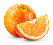 Orange Isolate. Orange Fruit With Slice On White Background. Whole Orange Fruit With Slice. Full Depth Of Field.