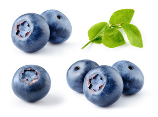 Wall Mural - Blueberry isolated. Blueberries with green leaf isolate. Blueberry set on white background. Full depth of field.