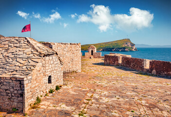 Exciting sping view of Ali Pasha Tepelena Fortress. Captivating morning seascape od Adriatic sea. Bright outdor scene of Albania, Europe. Traveling concept background.