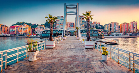 Wall Mural - impressive sunrise in durres, port city on the adriatic sea in western albania, europe. wonderful ad
