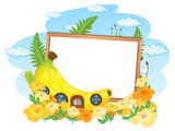 Fototapeta Dinusie - Empty banner with fantasy banana house and many flowers