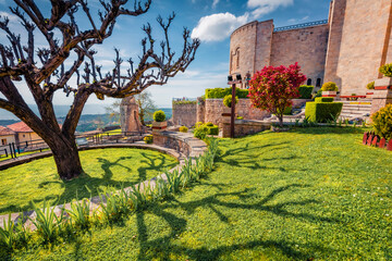 Early spring in Albania. Bright morning view of Castle of Kruja. Beautiful landscape of Albania, Europe. Traveling concept background.